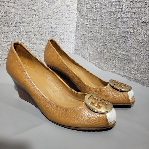 Tory Burch Sally Women's Size 11M US Brown Leather Wedge Peep Toe Pump Sandals - Picture 6 of 10